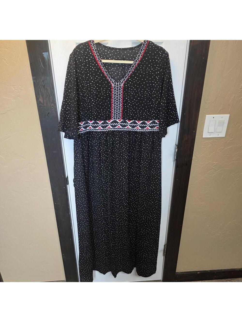 Shein Women's Black Polka Dot Maxi Dress with Geometric Trim 2XL